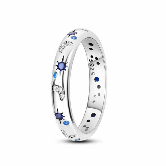 Night Band with Blue starts CZ and Cruystal Mooon in silver Ring