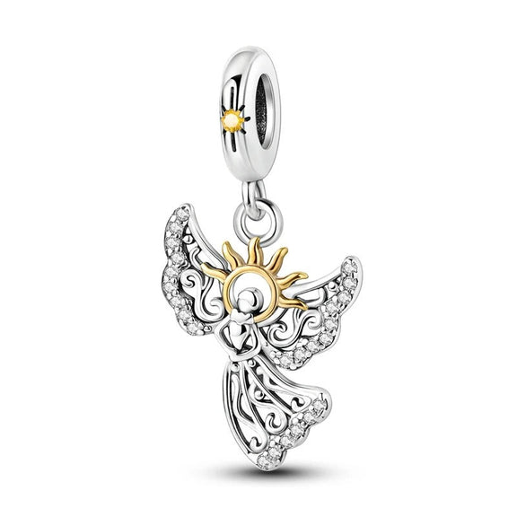 Sunshine Angel Charm - Sterling silver charm featuring a detailed angel with sparkling wings and a gold-plated sun.