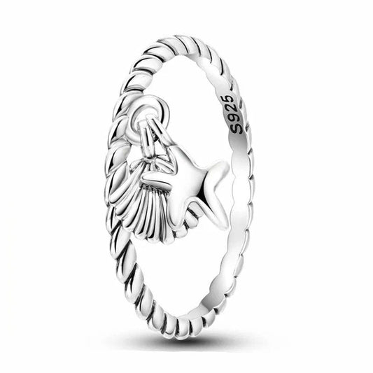 Sterling Silver Sea Charm Ring with Starfish and Shell