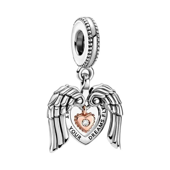 Angel Wings Dream Charm - Sterling silver charm with angel wings and a heart inscribed with "Let Your Dreams Fly.