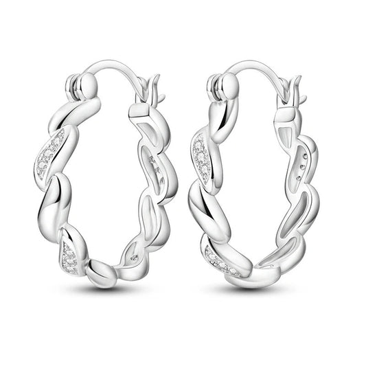 Sterling silver hoop earrings with twisted chain design.