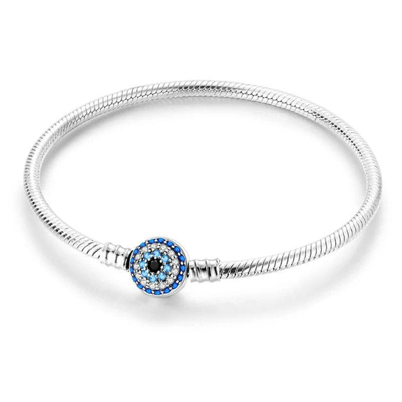 Evil Eye Protection Sterling Silver Snake Chain Charm Bracelet - Evil eye protection charm sterling silver snake chain bracelet with blue and white crystals