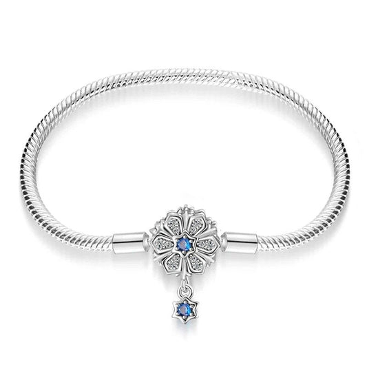 Blue blossom charm sterling silver snake chain bracelet with blue gemstone accents