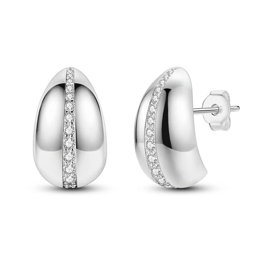 Sterling silver polished dome stud earrings with sparkling stones.