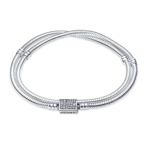 Double Snake Chain Sparkling Square Bracelet - Double snake chain sterling silver bracelet with a sparkling square charm.