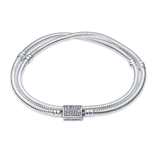 Double snake chain sterling silver bracelet with a sparkling square charm.