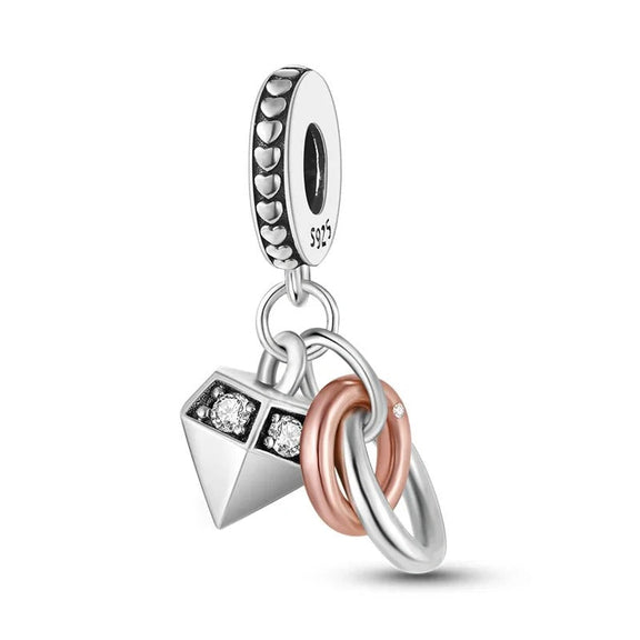 Geometric Diamond Charm with Mixed Metal Rings - Sterling silver geometric diamond charm with mixed metal rings, fits Pandora bracelets.