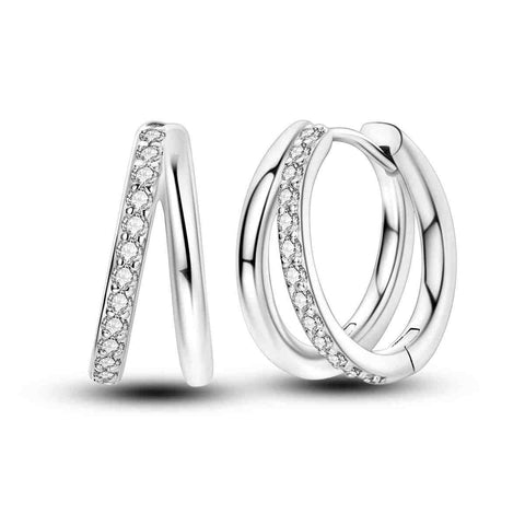 Sterling silver angled hoop earrings with pave stones.