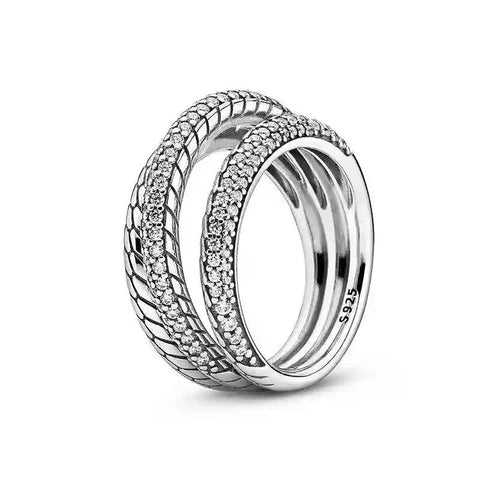 Triple Band Pave Snake Silver Chain Pattern Ring - Triple Band Pave Snake Silver Chain Pattern Ring