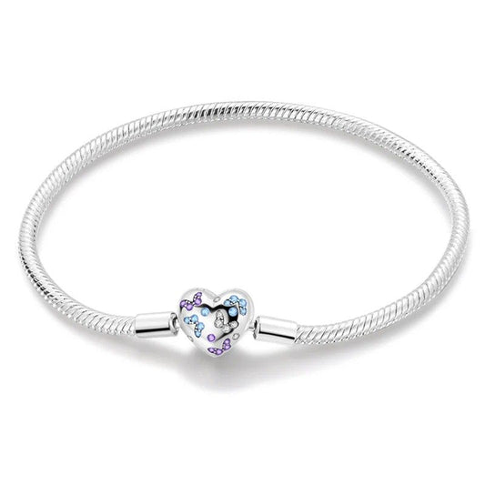 Butterfly love charm sterling silver snake chain bracelet with blue and purple enamel