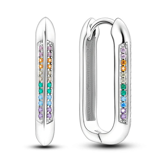 Sterling silver hoop earrings with multicolored pave stones.