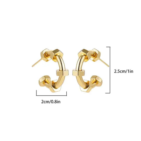 Gold Hexagon Hoop Earrings - Modern Geometric Jewelry - Gold hexagon hoop earrings measuring .cm in height and cm in width, displayed with dimensions.