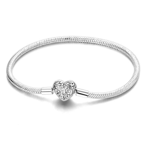 Intricate Filigree Heart Charm Bracelet Sleek Snake Chain - Filigree heart charm sterling silver snake chain bracelet with intricate patterns