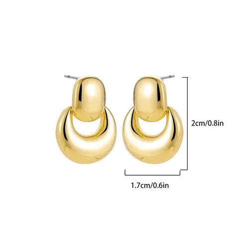 Double Hoop Gold Earrings - Modern Chic Jewelry - Double hoop gold earrings measuring cm in height and .cm in width, displayed with dimensions.