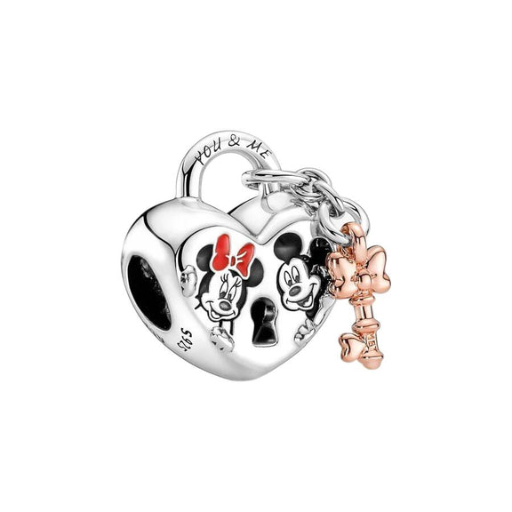 Minnie and Mickey Lock and Key Charm - Sterling silver heart-shaped lock charm with Minnie and Mickey Mouse, and a rose gold-plated key dangle.