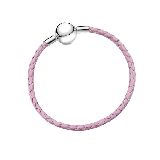 Pink braided leather bracelet with a magnetic clasp.