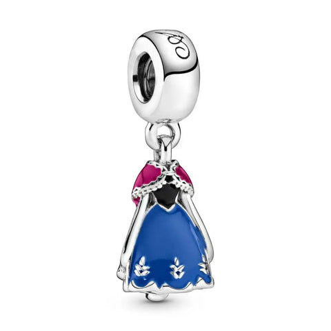Disney- Princesses Anna Frozen Dress Dangle Charm - Sterling silver charm featuring Anna's dress with vibrant blue, pink, and black enamel accents.