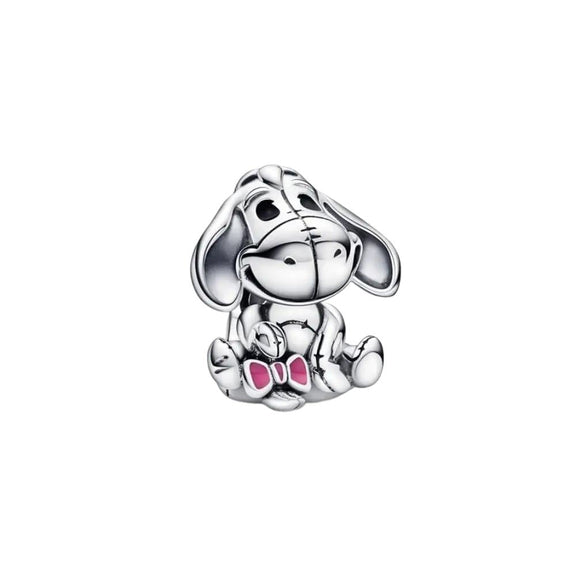 Eeyore Charm for Pandora Bracelets - Sterling silver Eeyore charm with pink enamel accents on ears and paws, fitting Pandora bracelets