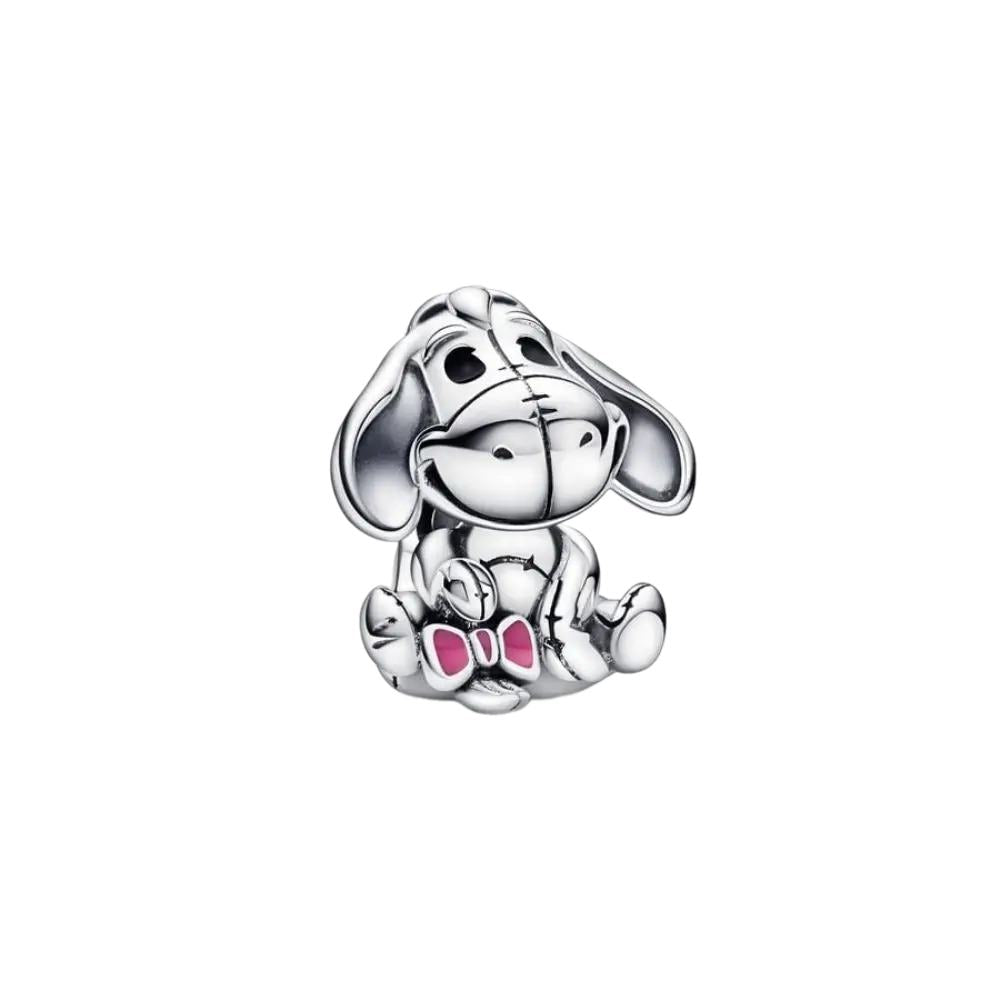 Sterling silver Eeyore charm with pink enamel accents on ears and paws, fitting Pandora bracelets