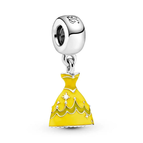 Disney- Princesses Belle Dress Dangle Charm - Sterling silver Belle's Enchanted Dress Charm with yellow enamel and intricate silver accents.