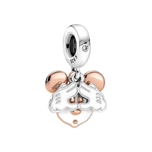 Sterling silver and rose gold charm with Mickey Mouse hands forming a heart.