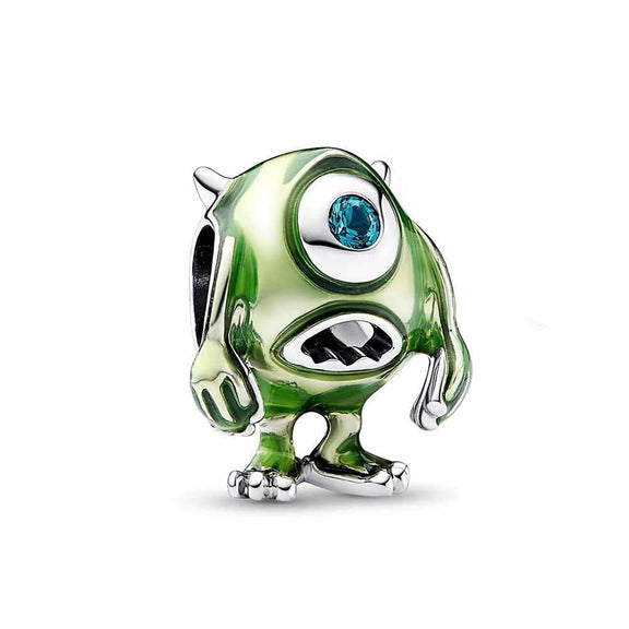 Adorable One-Eyed Monster Charm with Blue Crystal Eye - Sterling silver one-eyed monster charm with blue crystal eye and green enamel detailing.