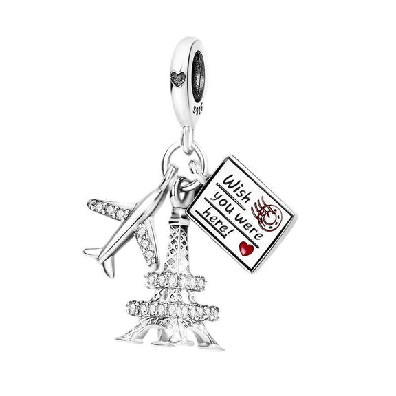 Travel Moments Charm for Pandora Bracelets - Sterling silver charm with airplane, Eiffel Tower, and postcard, fitting Pandora bracelets