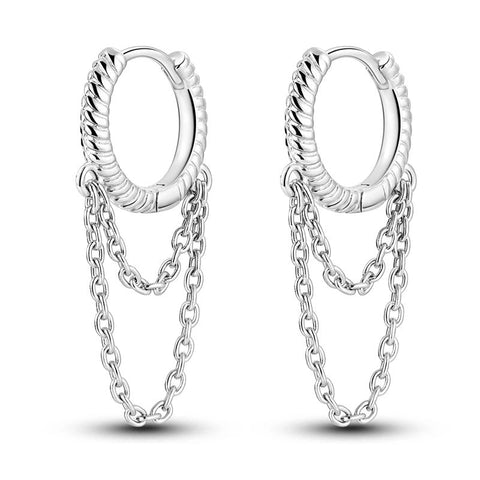 Stylish Sterling Silver Double Chain Link Hoop Earrings - Sterling silver hoop earrings with double dangling chain links.