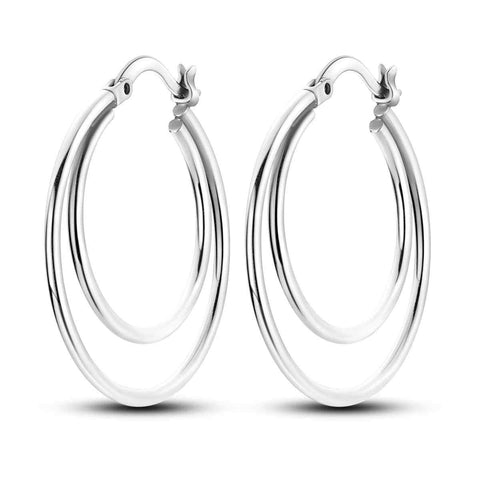 Chic Sterling Silver Double Hoop Dangle Earrings - Sterling silver double hoop dangle earrings with interlocking design.