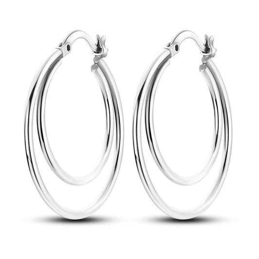 Sterling silver double hoop dangle earrings with interlocking design.