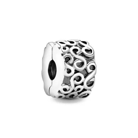 Intricate Swirl Clip Charm for Pandora Bracelets - Sterling silver clip charm with intricate swirl pattern, fitting Pandora bracelets