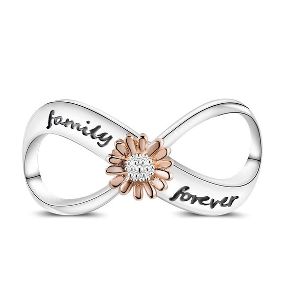 Family Forever Infinity Charm for Pandora Bracelets - Sterling silver infinity charm with rose gold daisy and "Family forever" inscription.