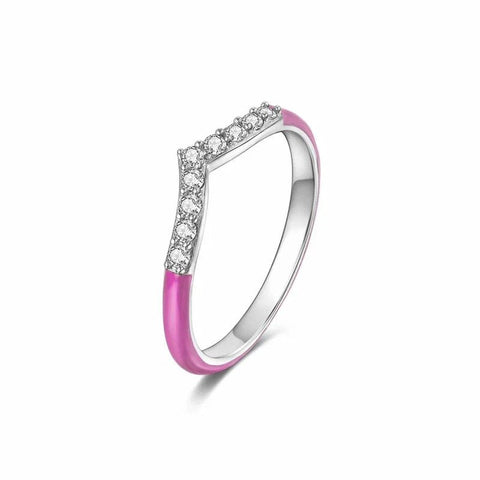 Sterling Silver V-Shaped Ring Pink Enamel CZ - Sterling Silver V-Shaped Ring with Pink Enamel and CZ