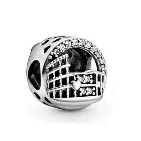 Roman Coliseum Charm for Pandora Bracelets - Sterling silver Roman Coliseum charm with cubic zirconia accents, fitting Pandora bracelets