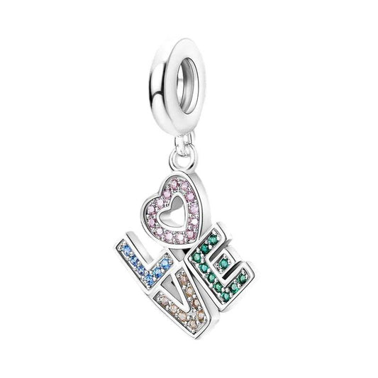 Sterling silver charm with multicolored cubic zirconia spelling "LOVE," fitting Pandora bracelets