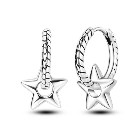 Charming Sterling Silver Star Charm Hoop Earrings - Sterling silver hoop earrings with dangling star charm.