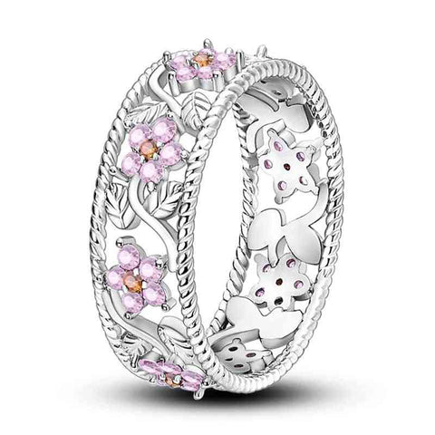 Pink Floral Sterling Silver Band Ring - Pink Floral Sterling Silver Band Ring