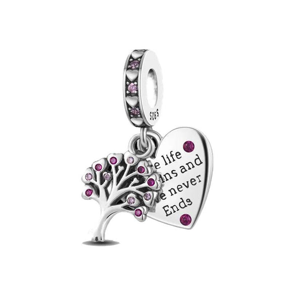 Family Tree Heart Charm for Pandora Bracelets - Sterling silver family tree charm with pink cubic zirconia and heart tag, fitting Pandora bracelets