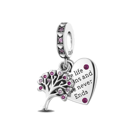 Sterling silver family tree charm with pink cubic zirconia and heart tag, fitting Pandora bracelets