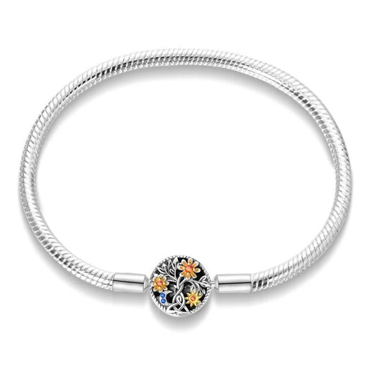 Floral charm sterling silver snake chain bracelet with colorful flowers