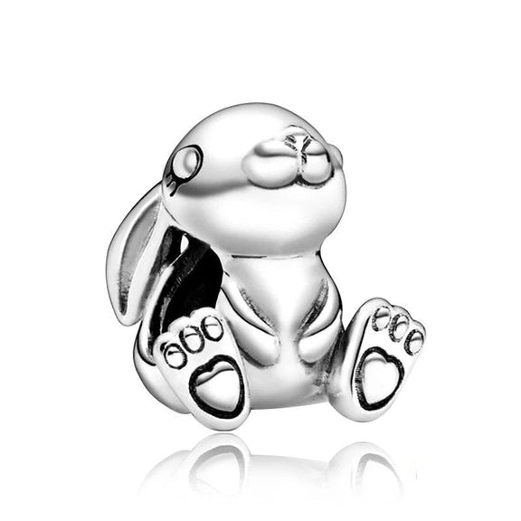 Happy Bunny Charm for Pandora Bracelets - Sterling silver charm of a happy bunny with heart details on its feet, fitting Pandora bracelets