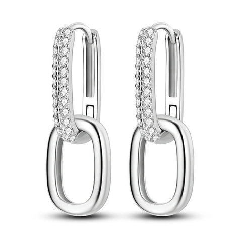 Sterling silver hoop earrings with geometric link design.
