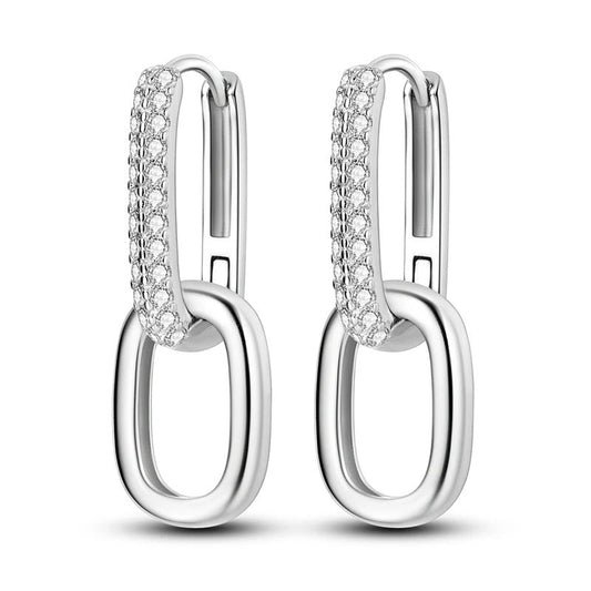 Sterling silver hoop earrings with geometric link design.