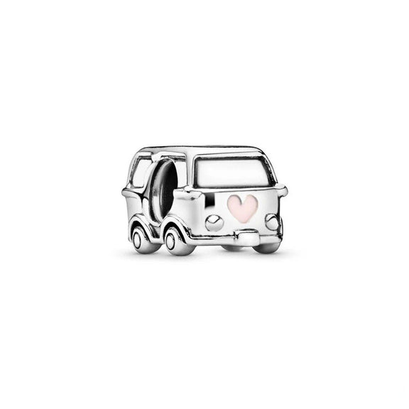 Vintage Camper Van Charm for Pandora Bracelets - Sterling silver camper van charm with a pink heart, fitting Pandora bracelets