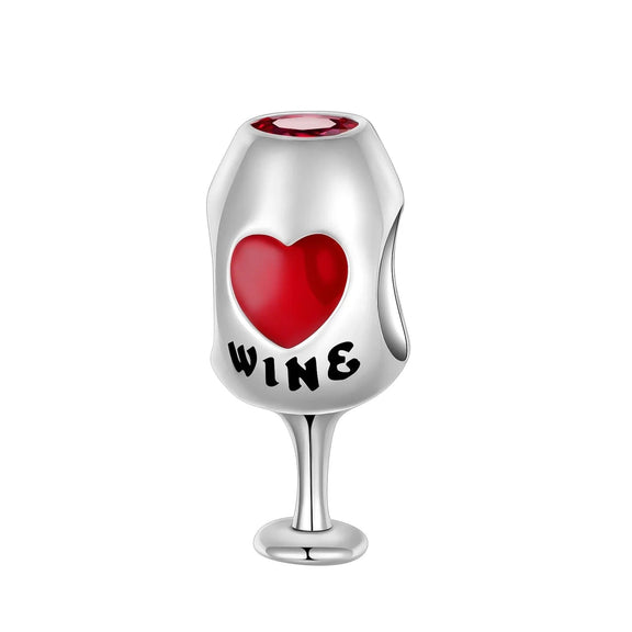 I Love Wine Glass Charm for Pandora Bracelets - Sterling silver wine glass charm with a red heart and "WINE" inscription, fitting Pandora bracelets