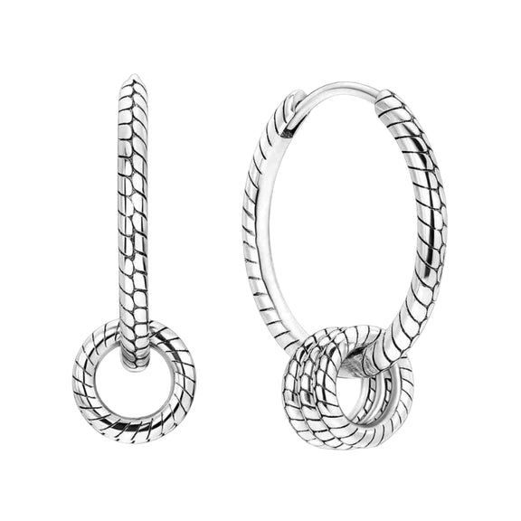 Modern Sterling Silver Textured Circle Drop Hoop Earrings - Sterling silver hoop earrings with textured circle drop design.