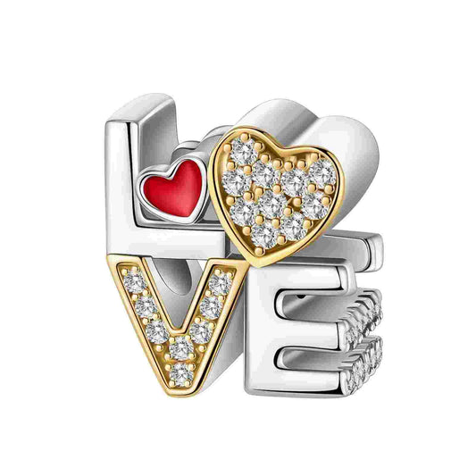 Sterling silver charm with cubic zirconia and gold accents spelling "LOVE.