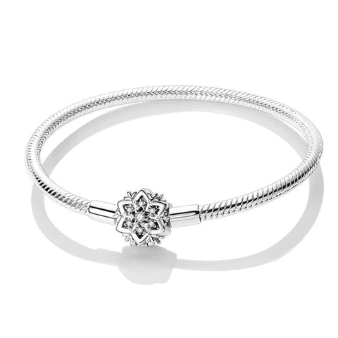 Lotus Blossom Sterling Silver Snake Chain Charm Bracelet - Lotus blossom charm sterling silver snake chain bracelet with shimmering crystals