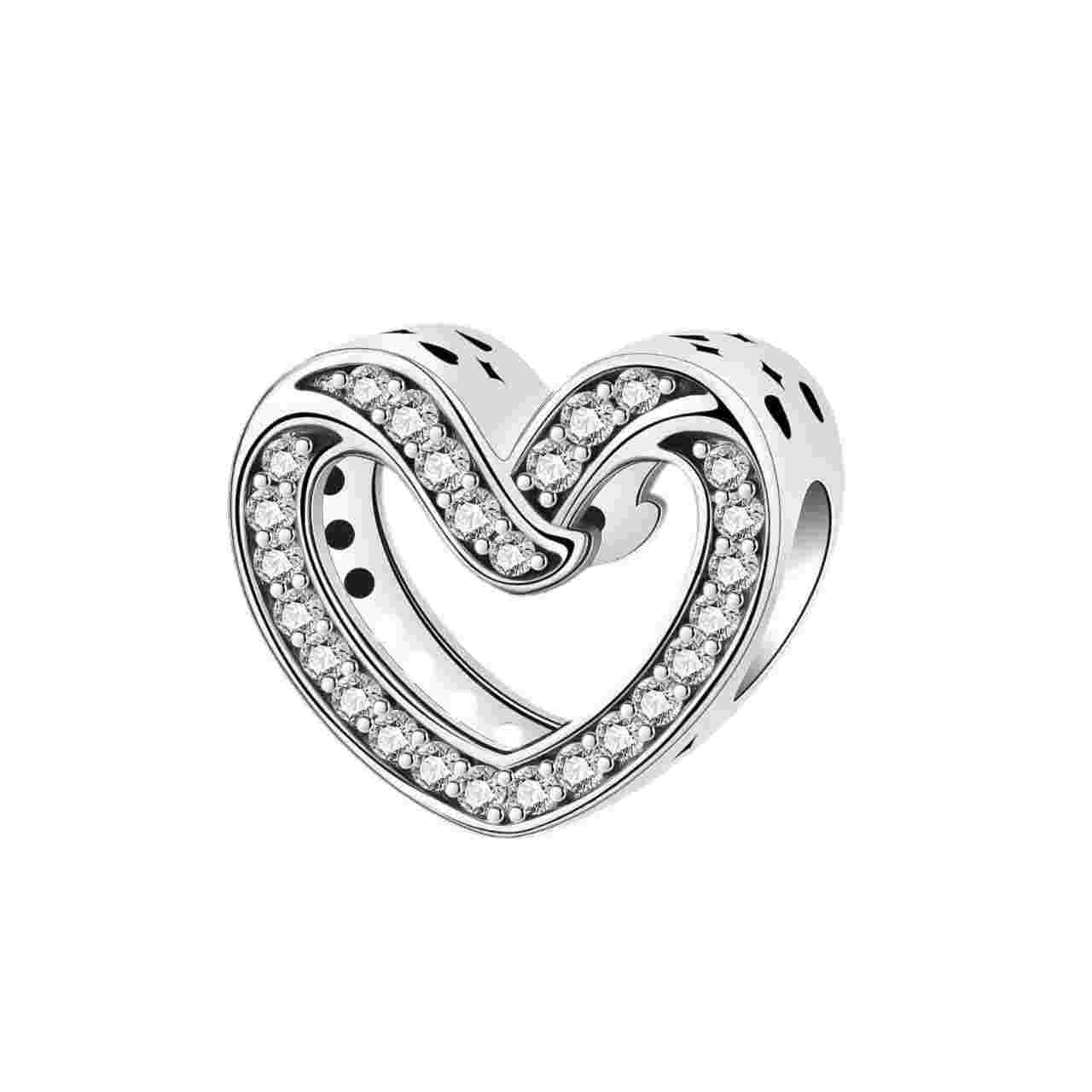 Sterling silver heart charm with cubic zirconia, fits Pandora bracelets