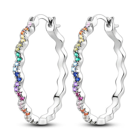 Vibrant Sterling Silver Rainbow Crystal Hoop Earrings - Sterling silver hoop earrings with multicolored rainbow crystals.
